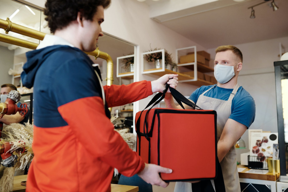 delivery in big red bag